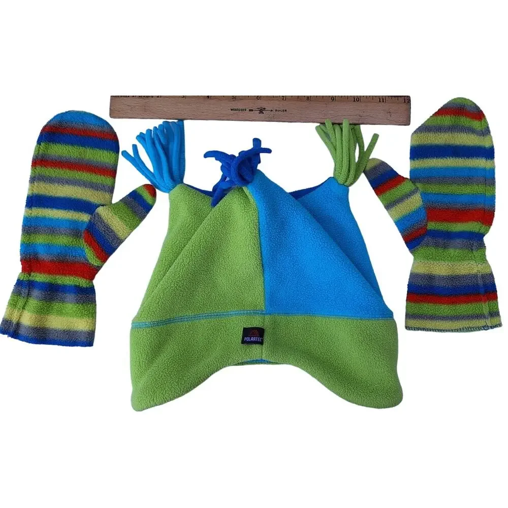 Hanna Andersson Kids  Fleece Hats + Mittens Big Kid L Blue Green Monster